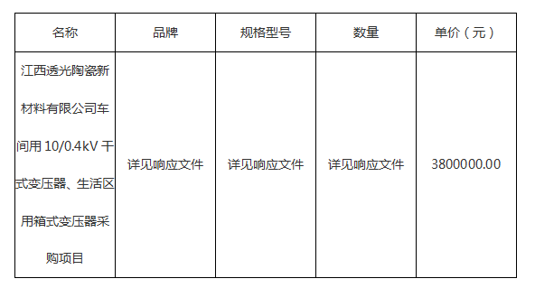 10/0.4kV干式變壓器、生活區用箱式變壓器采購項目結果公示