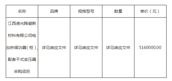 電加熱調功器（柜）、配套干式變壓器采購項目結果公示